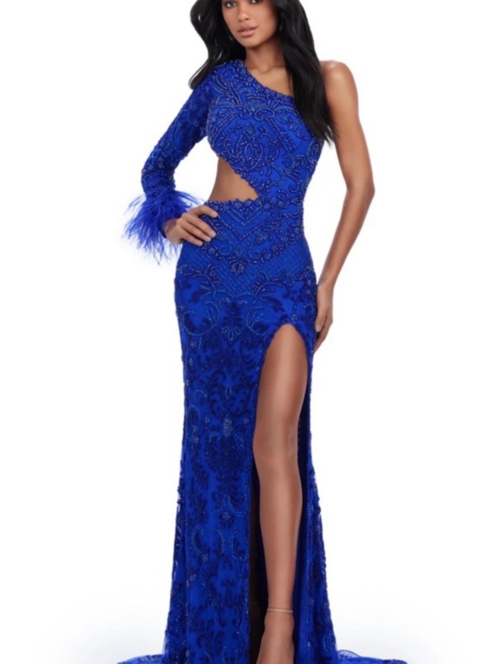 Ashley Lauren Royal Blue One-Shoulder Cutout Evening Gown